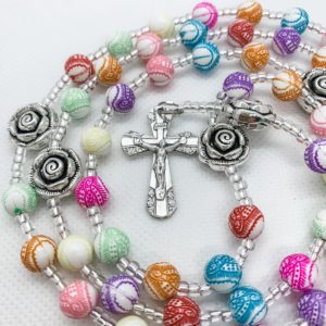 Bright Rose Rosary with Our Lady of Guadalupe, 3 color selections